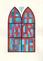 A present from a husband to his wife on the occasion of their diamond wedding. The design refers to their bond with the local cathedral and is based on the look of Gothic lead-glass windows. In the left window you can read Helmut, in the right one Marita.