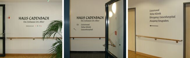 Dem Luisenhospital in Aachen angegliedert ist das Altenwohnstift „Haus Cadenbach“, für die ich das Wegeleitsystem entworfen habe.