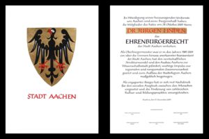 Sample of a certificate for a commemorative citizen in Aachen, written on parchment and gilded.