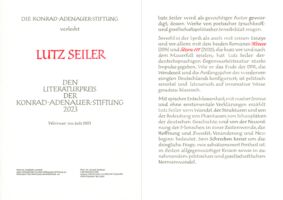 Seit vielen Jahren schreibe ich die Literaturpreis-Urkunde der Konrad-Adenauer-Stiftung. Sie ist zweiseitig und wird in einer vom Buchbinder angefertigten Mappe überreicht.