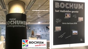For the permanent exhibit in the town museum archive in Bochum I designed the handwritten part of the logo and two areas of blackboard foils which were used to invite the visitors to add their visions and important people of their town.