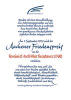 Die Urkunde zum Aachener Friedenspreis habe ich 2008 neu gestaltet und fülle sie seitdem jedes Jahr aus.