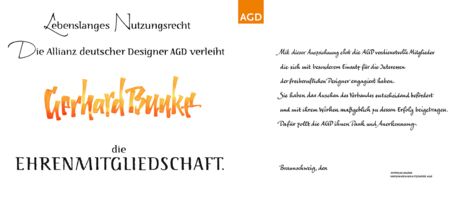 Ein ungewöhnliches Urkunden-Format für den europäischen Designer-Verband AGD e.V. zur Ehrung seiner Ehrenmitglieder; gedruckt auf 1mm starkem hochwertigen Karton, sodass sie keinen Rahmen brauchen.